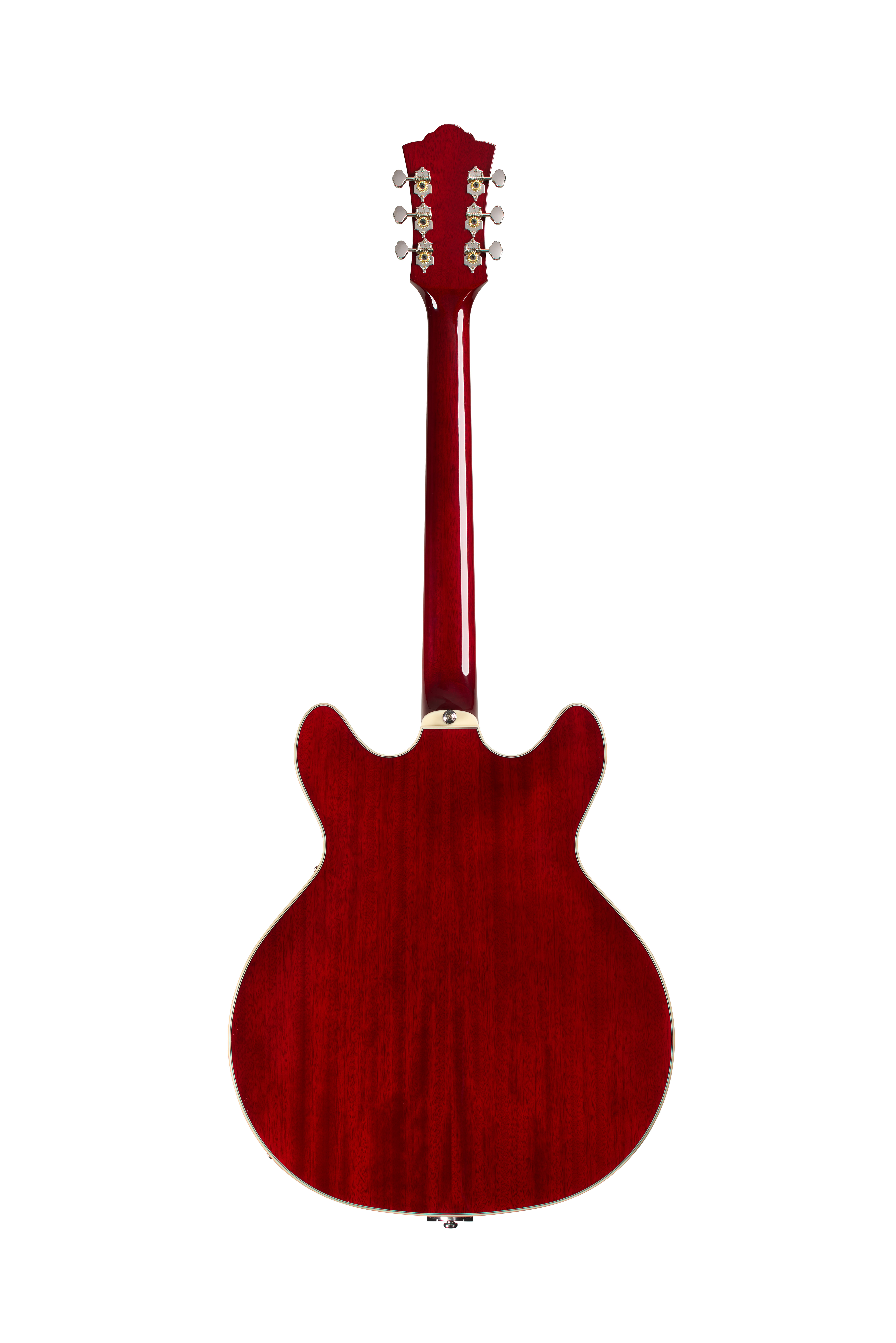 E-Gitarre, Mahagonikorpus, rotes Holzfinish, Hollowbody, goldene Einfassung